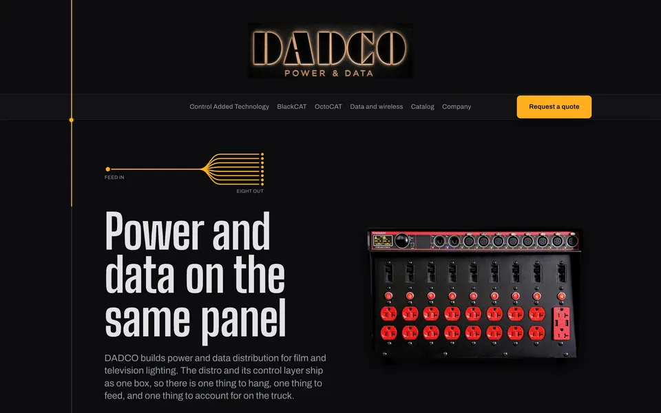 DADCO home page after: dark page with a clear headline, a photo of the distro panel and a request a quote button